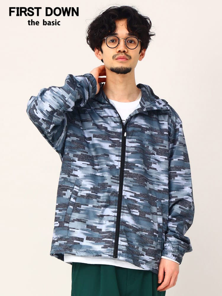 FIRST DOWN BASIC (ファーストダウンベーシック) 撥水 ポケッタブル 総柄プリント フルジップ ウィンドブレーカー ナイロンジャケット