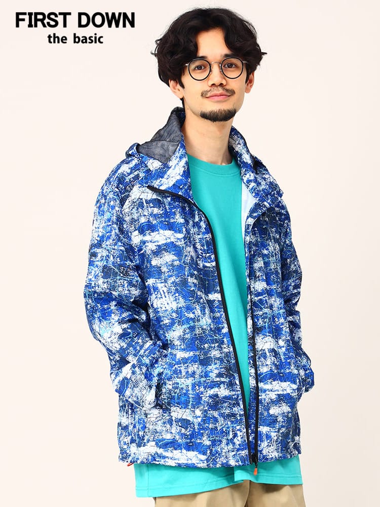 FIRST DOWN BASIC (ファーストダウンベーシック) 撥水 ポケッタブル 総柄プリント フルジップ ウィンドブレーカー ナイロンジャケット