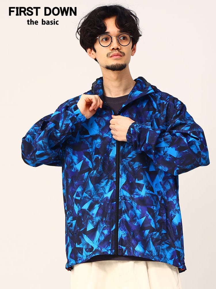 FIRST DOWN BASIC (ファーストダウンベーシック) 撥水 ポケッタブル 総柄プリント フルジップ ウィンドブレーカー ナイロンジャケット
