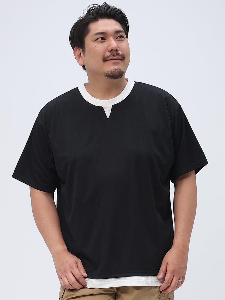 大きいサイズ メンズ B＆T CLUB (ビーアンドティークラブ) チェックジャガード フェイクキーネック 半袖 Tシャツ