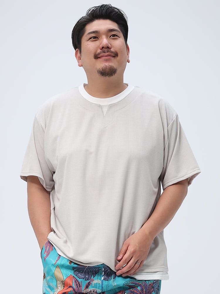 大きいサイズ メンズ B＆T CLUB (ビーアンドティークラブ) チェックジャガード フェイクキーネック 半袖 Tシャツ