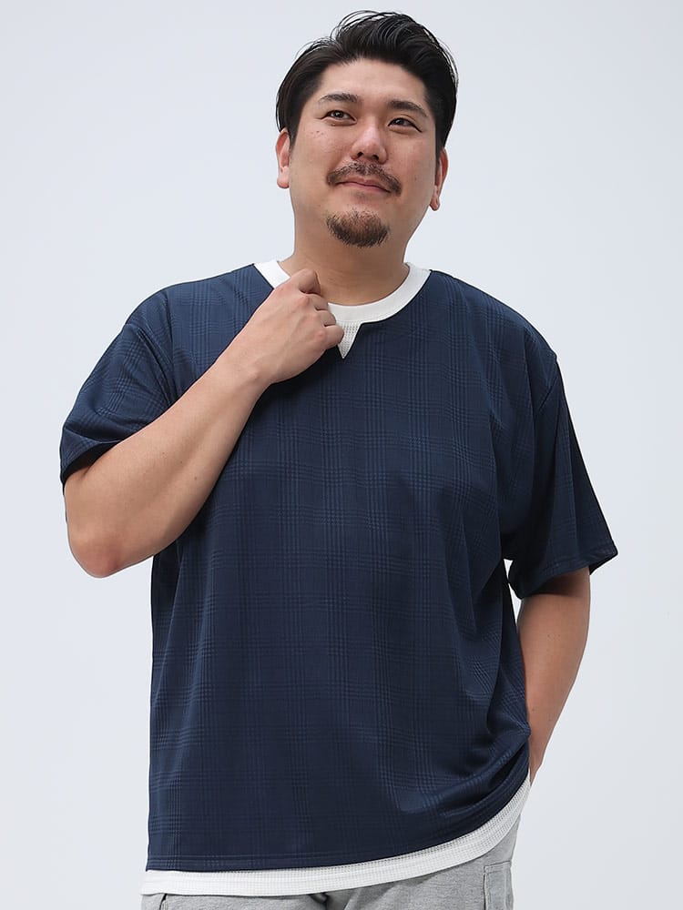 大きいサイズ メンズ B＆T CLUB (ビーアンドティークラブ) チェックジャガード フェイクキーネック 半袖 Tシャツ