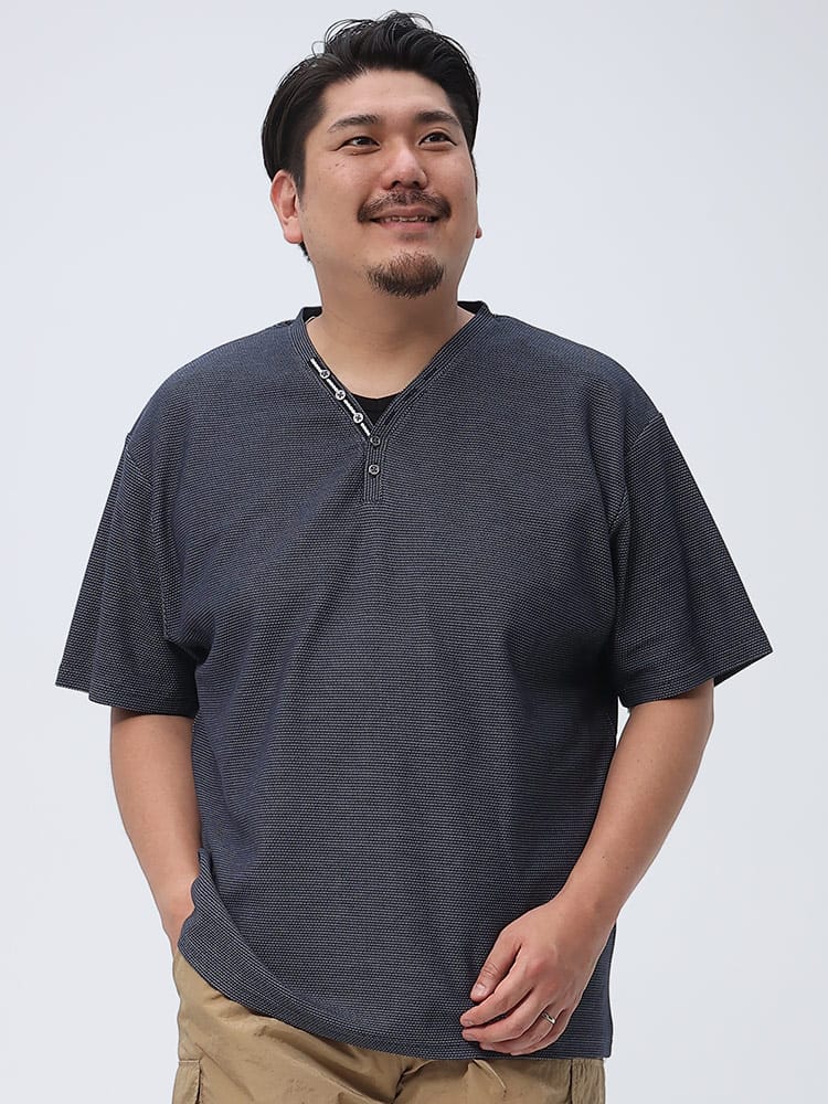 大きいサイズ メンズ B＆T CLUB (ビーアンドティークラブ) ハニカム鹿の子 ヘンリーネック 半袖 Tシャツ