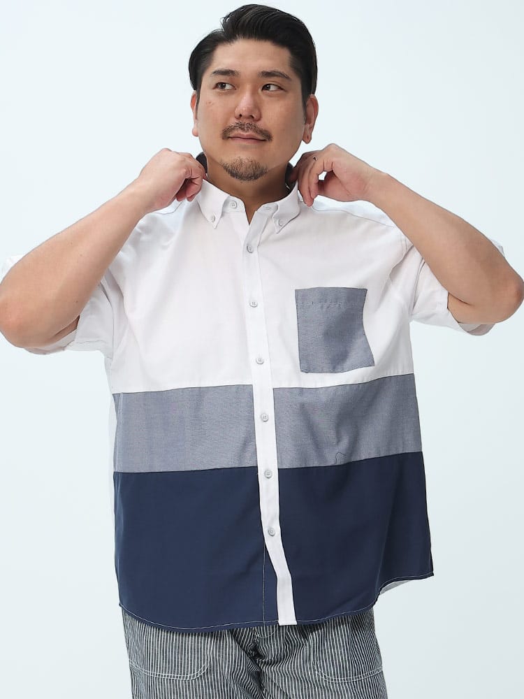 大きいサイズ メンズ B＆T CLUB (ビーアンドティークラブ) 切り替え ボタンダウン 半袖 オックスシャツ