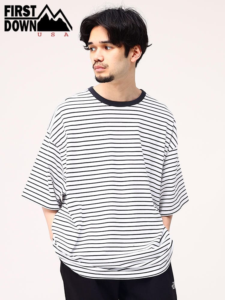 ファーストダウンユーエスエー Tシャツ ボーダー柄 FIRST DOWN USA オーバーサイズ クルーネック ユニセックス 半袖 <br>メンズ 男性 トップス シャツ Tシャツ クルー 半袖 春 夏 F401002CD12<br>