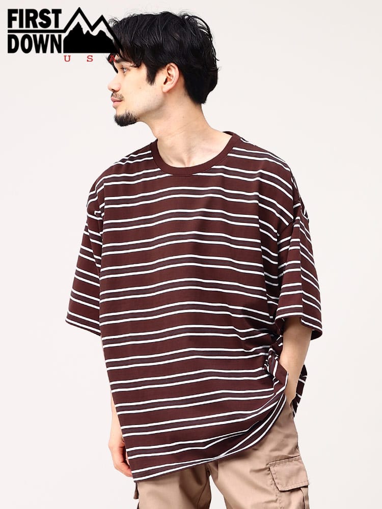ファーストダウンユーエスエー Tシャツ ボーダー柄 FIRST DOWN USA オーバーサイズ クルーネック ユニセックス 半袖 <br>メンズ 男性 トップス シャツ Tシャツ クルー 半袖 春 夏 F401002CD12<br>