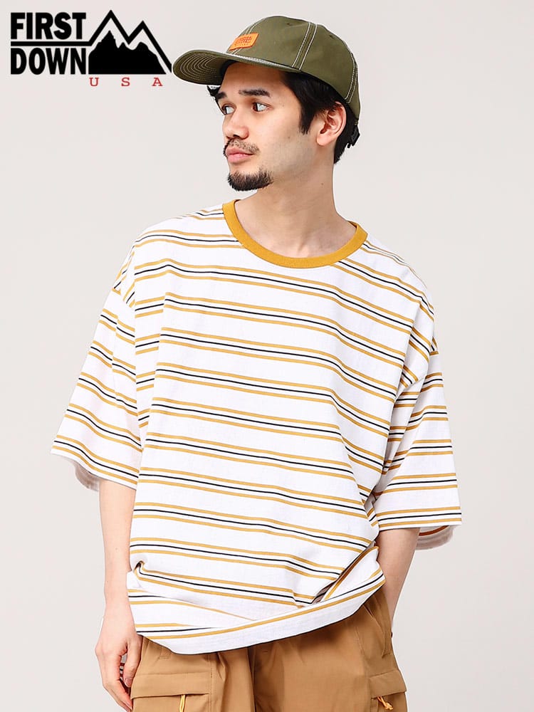 ファーストダウンユーエスエー Tシャツ ボーダー柄 FIRST DOWN USA オーバーサイズ クルーネック ユニセックス 半袖 <br>メンズ 男性 トップス シャツ Tシャツ クルー 半袖 春 夏 F401002CD12<br>