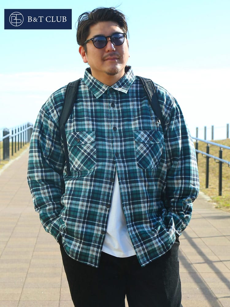 長袖 チェックシャツ 大きいサイズ メンズ フリース裏地 暖か ストレッチ ボンディング加工 トップス アウター (B＆T CLUB) ビーアンドティークラブ