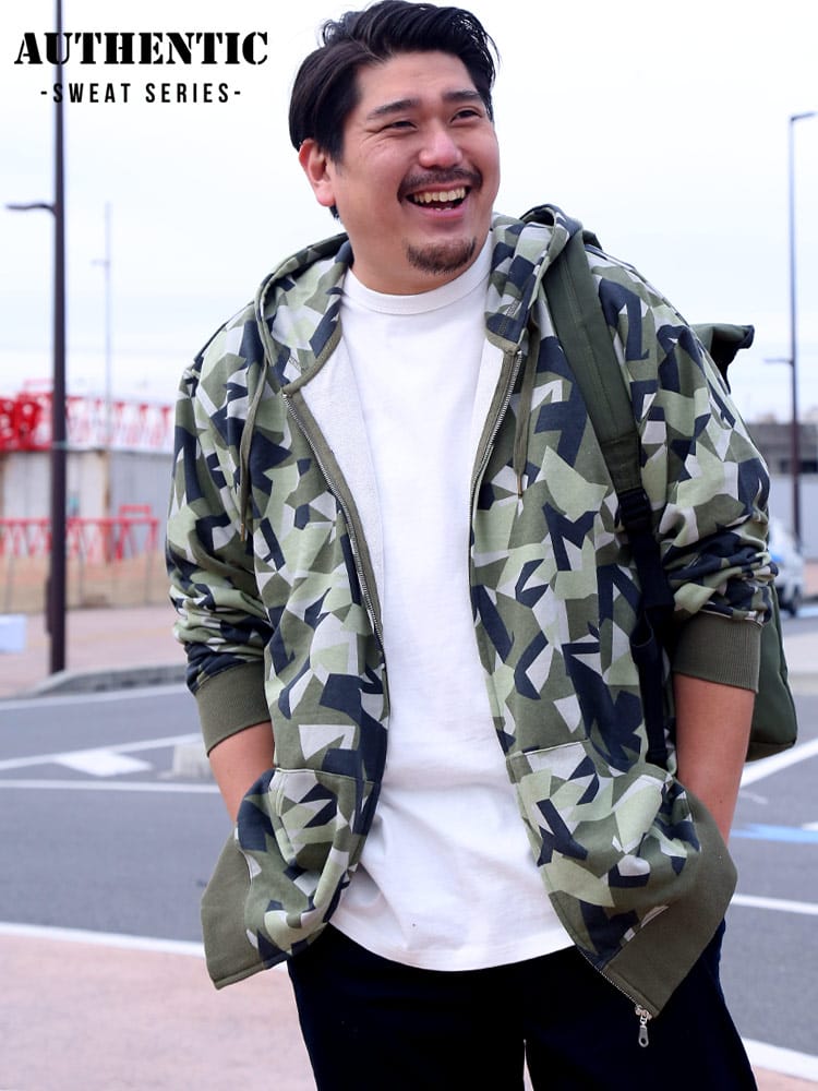 在庫処分 返品交換不可 USAコットン ドライ 無地 カモフラ ジップパーカー オーセンティックスウェット B＆T CLUB 大きいサイズ メンズ