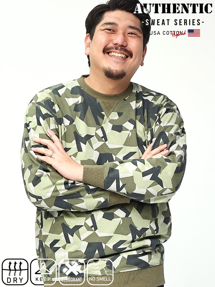 USAコットン ドライ 無地＆カモフラ柄 クルーネック 裏毛トレーナー オーセンティックスウェットシリーズ (B＆T CLUB) ビーアンドティークラブ 大きいサイズ メンズ