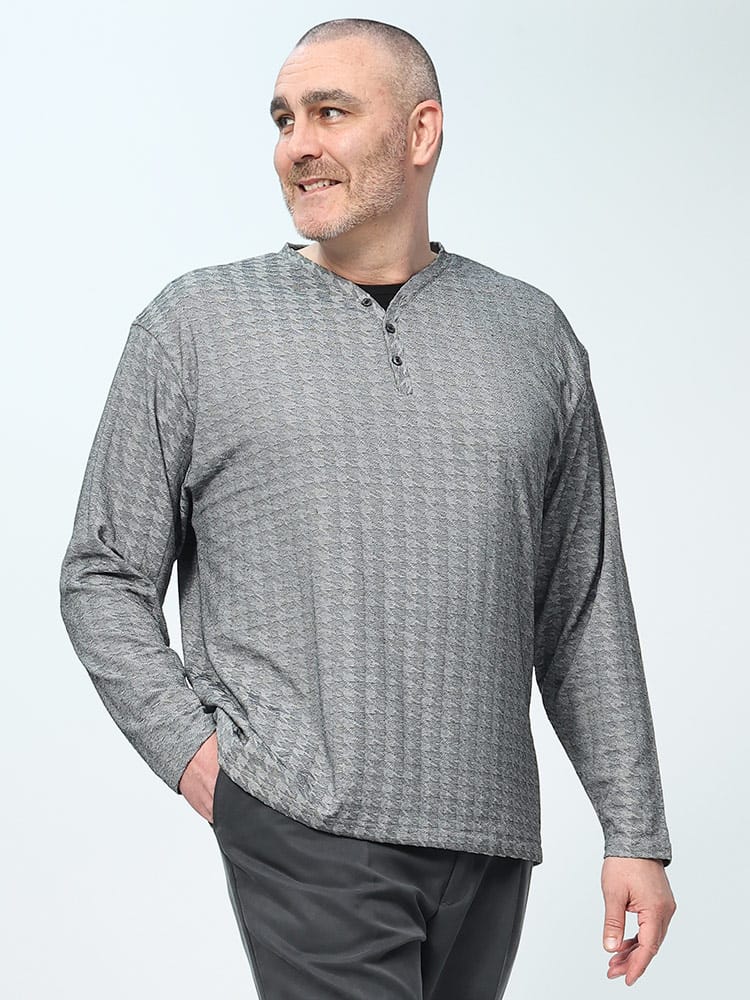 総柄ジャガード フェイクレイヤード ヘンリーネック 長袖 Tシャツ (B＆T CLUB) ビーアンドティークラブ 大きいサイズ メンズ