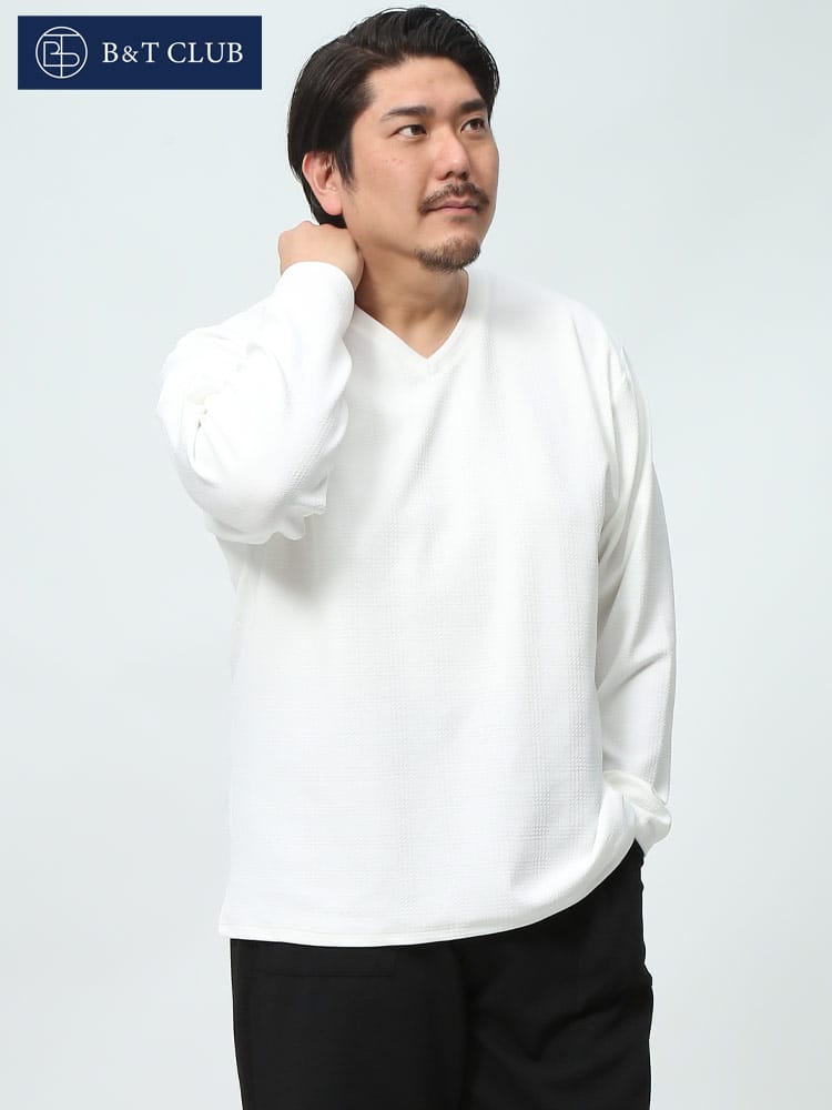 B＆T CLUB ビーアンドティークラブ ロンT フクレジャガードチェック Vネック 長袖 Tシャツ カットソー 大きいサイズ メンズ 