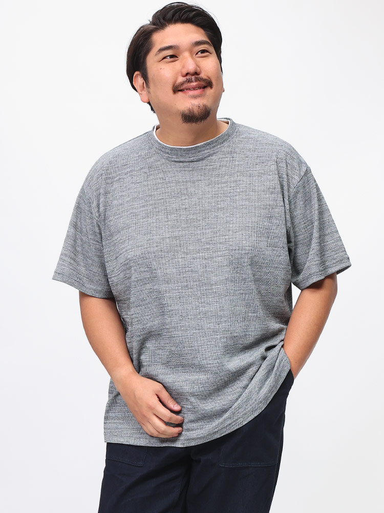 B＆T CLUB (ビーアンドティークラブ) かすれ杢変形ワッフル 衿レイヤード風 クルーネック 半袖 Tシャツ 6041862