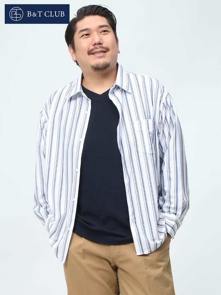 B＆T CLUB ビーアンドティークラブ　スーパーストレッチ ストライプ柄 レギュラーカラー 長袖 シャツ 大きいサイズ メンズ 