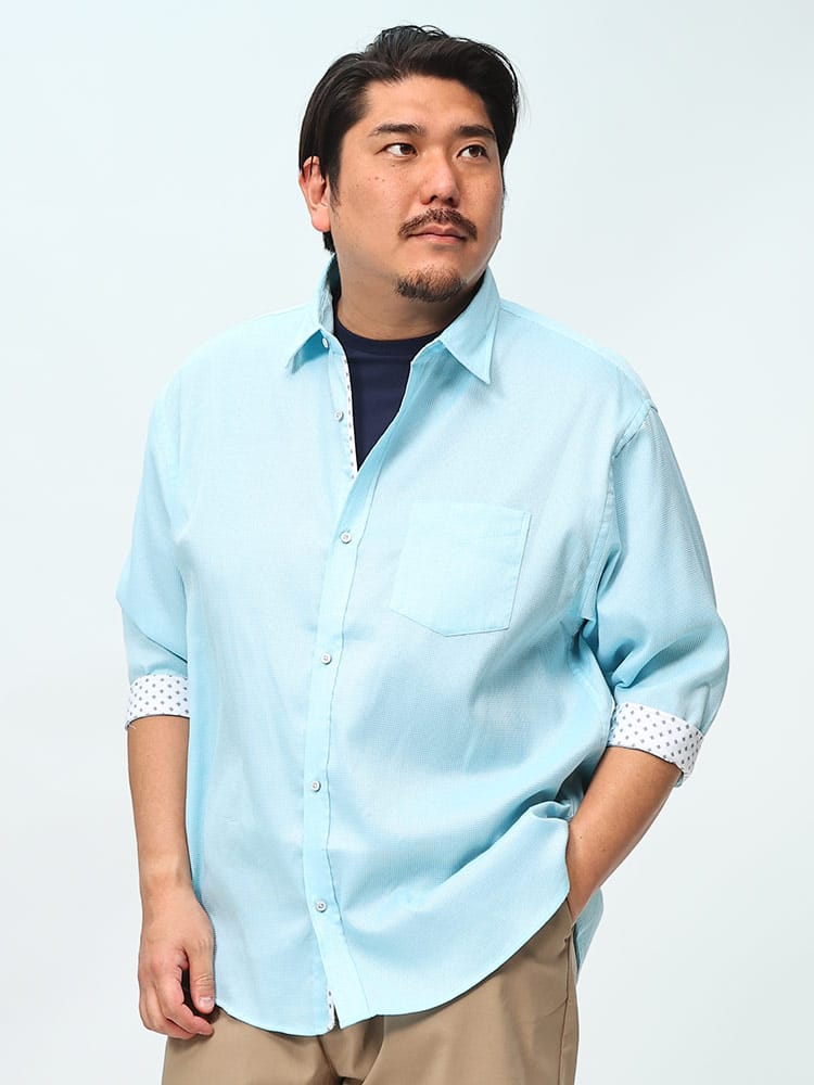 B＆T CLUB (ビーアンドティークラブ) 袖切替デザイン ワッフルシャンブレー 7分袖 シャツ