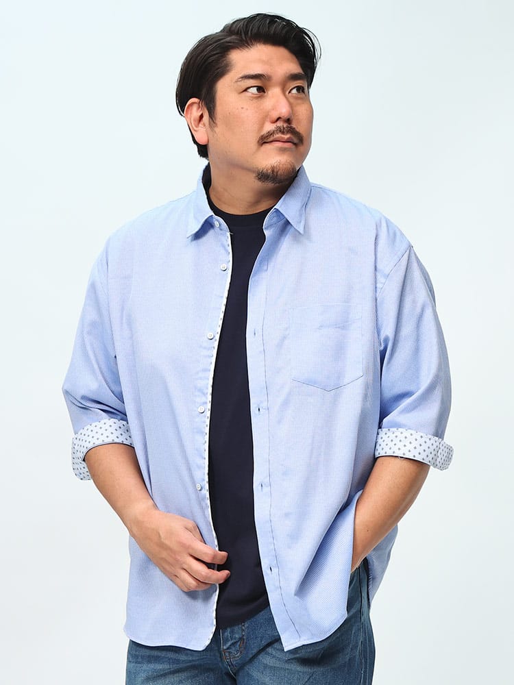 B＆T CLUB (ビーアンドティークラブ) 袖切替デザイン ワッフルシャンブレー 7分袖 シャツ