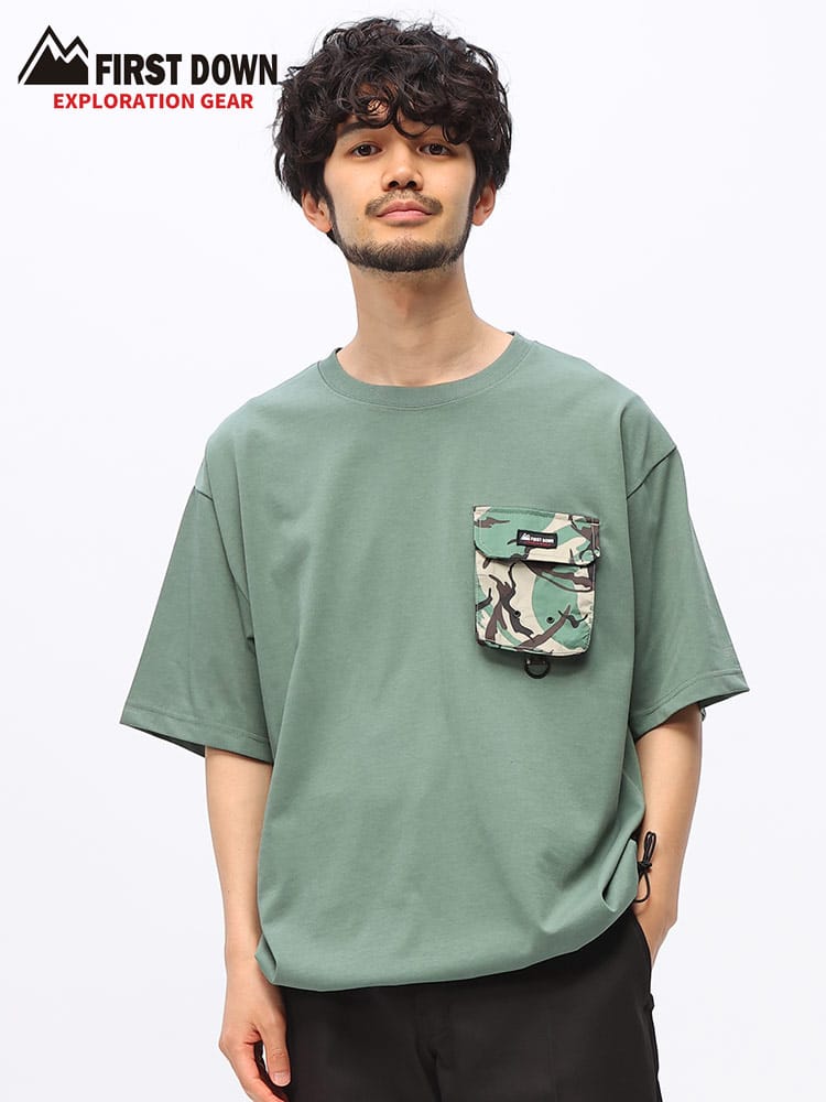 FIRST DOWN (ファーストダウン) ストレッチ 冷感 裾コード カモフラ柄ポケット付き 半袖 Tシャツ 6051636