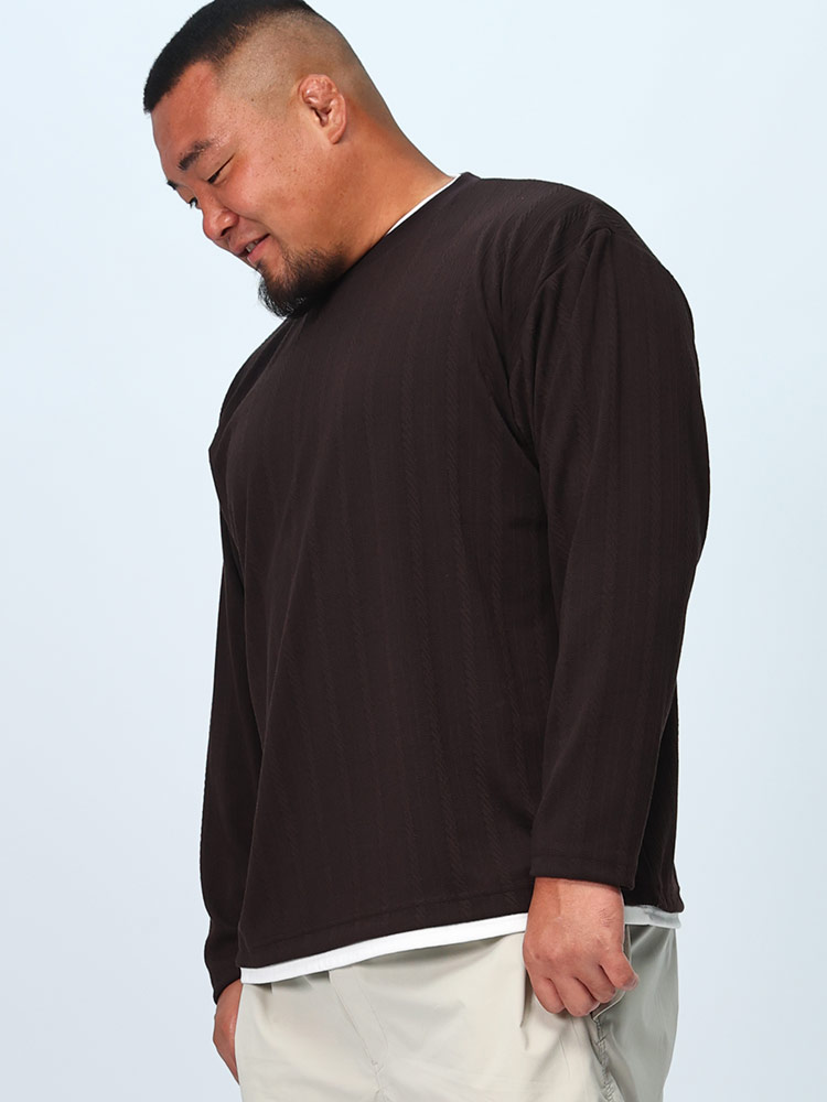 長袖 Tシャツ ケーブル編み フクレジャガード フェイクレイヤード トップス ロンT クルー 秋 冬 大きいサイズ メンズ