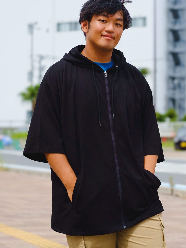 フルジップ パーカー ソフトダンボール生地 6分袖 トップス Tパーカー 大きいサイズ メンズ