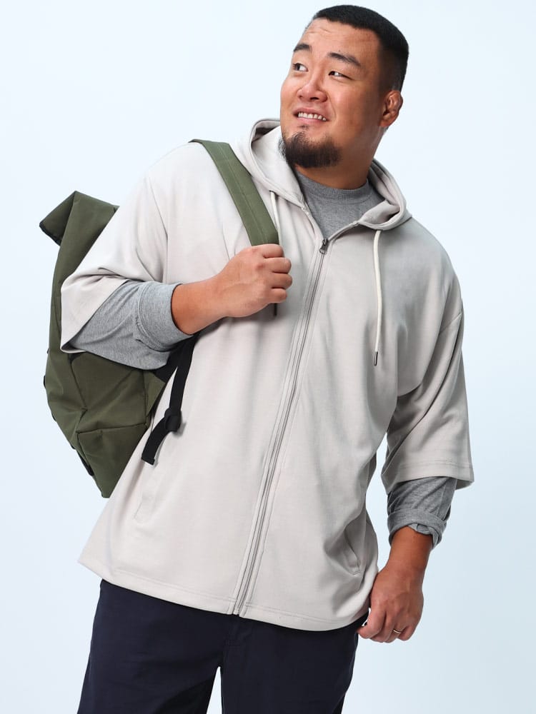 フルジップ パーカー ソフトダンボール生地 6分袖 トップス Tパーカー 大きいサイズ メンズ