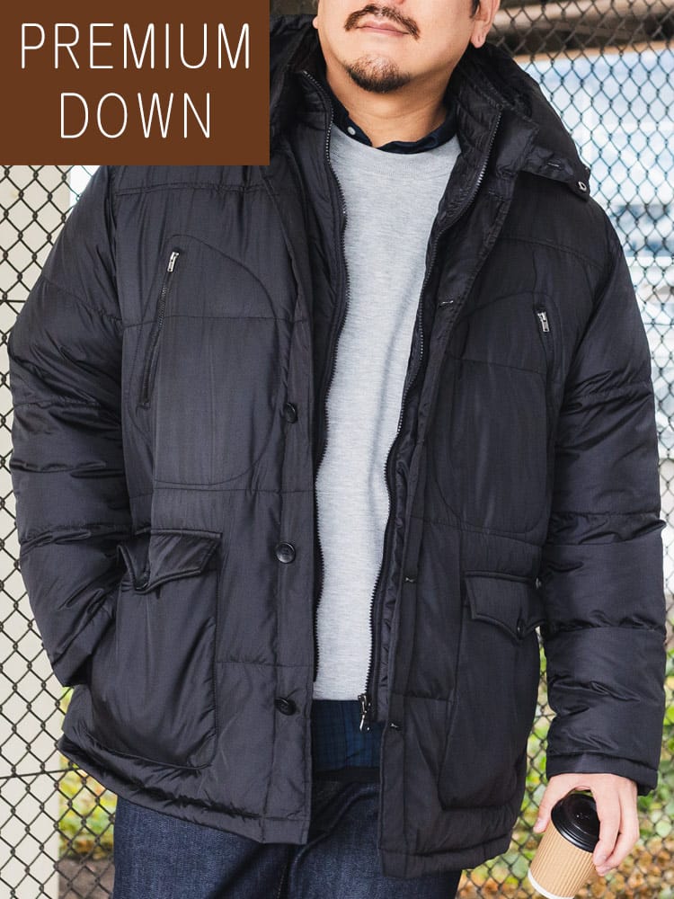 タフタダウンジャケット フード着脱 フェイク仕様 アウター ブルゾン 防寒 無地 大きいサイズ メンズ