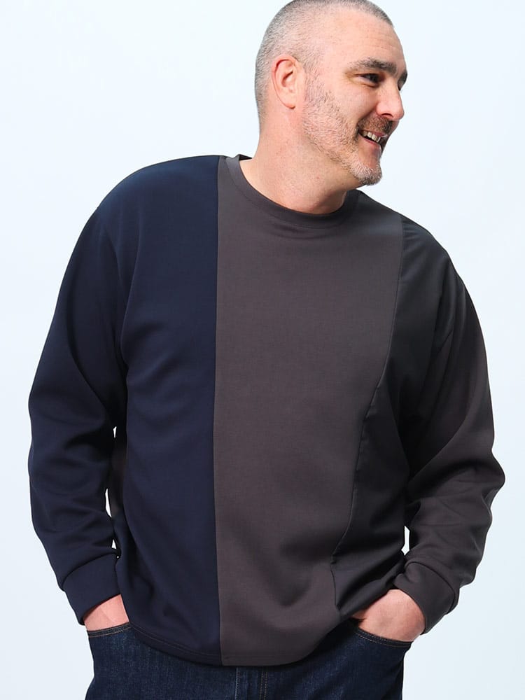 長袖 Tシャツ ミラノリブポンチ 布帛切替 クルーネック トップス Tシャツ ロンT 大きいサイズ メンズ