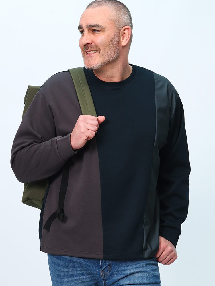 長袖 Tシャツ ミラノリブポンチ 布帛切替 クルーネック トップス Tシャツ ロンT 大きいサイズ メンズ