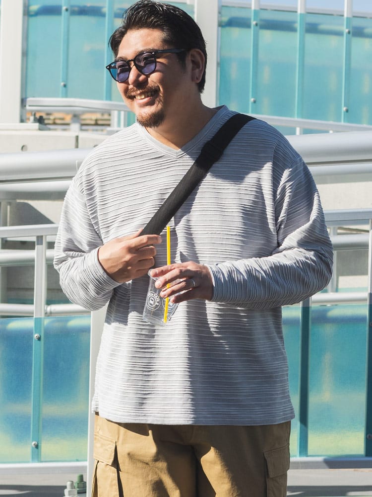 長袖 Tシャツ タックジャガード Vネック トップス ロンT ボーダー 春 秋 大きいサイズ メンズ