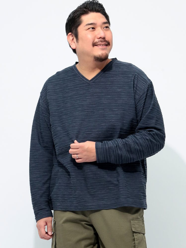 長袖 Tシャツ タックジャガード Vネック トップス ロンT ボーダー 春 秋 大きいサイズ メンズ