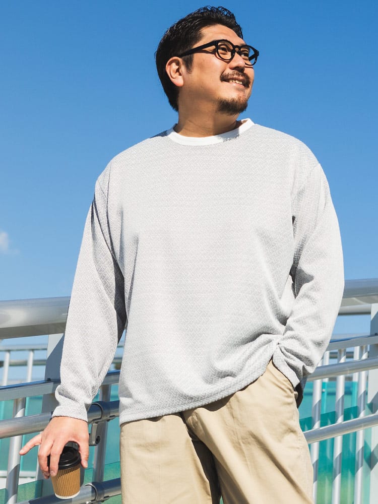 長袖 Tシャツ ジオメトリックジャガード クルーネック \  トップス ロンT 総柄 春 秋 大きいサイズ メンズ