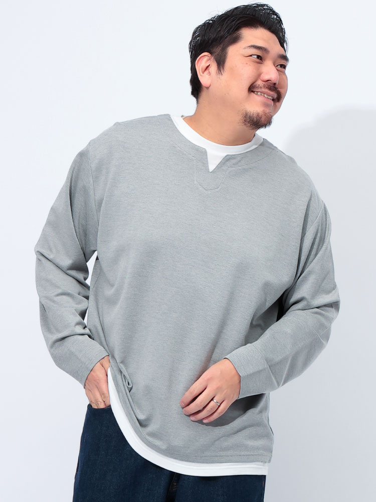 長袖 Tシャツ メランジポンチ キーネック フェイクレイヤード トップス ロンT 無地 シンプル 春 大きいサイズ メンズ