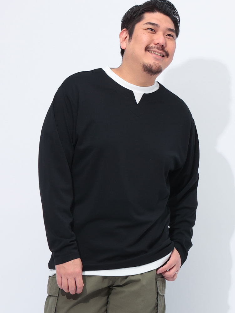 長袖 Tシャツ メランジポンチ キーネック フェイクレイヤード トップス ロンT 無地 シンプル 春 大きいサイズ メンズ
