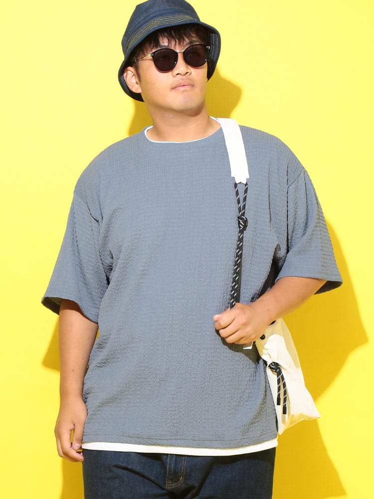 楊柳 フェイクレイヤード クルーネック 半袖 Tシャツ 大きいサイズ メンズ