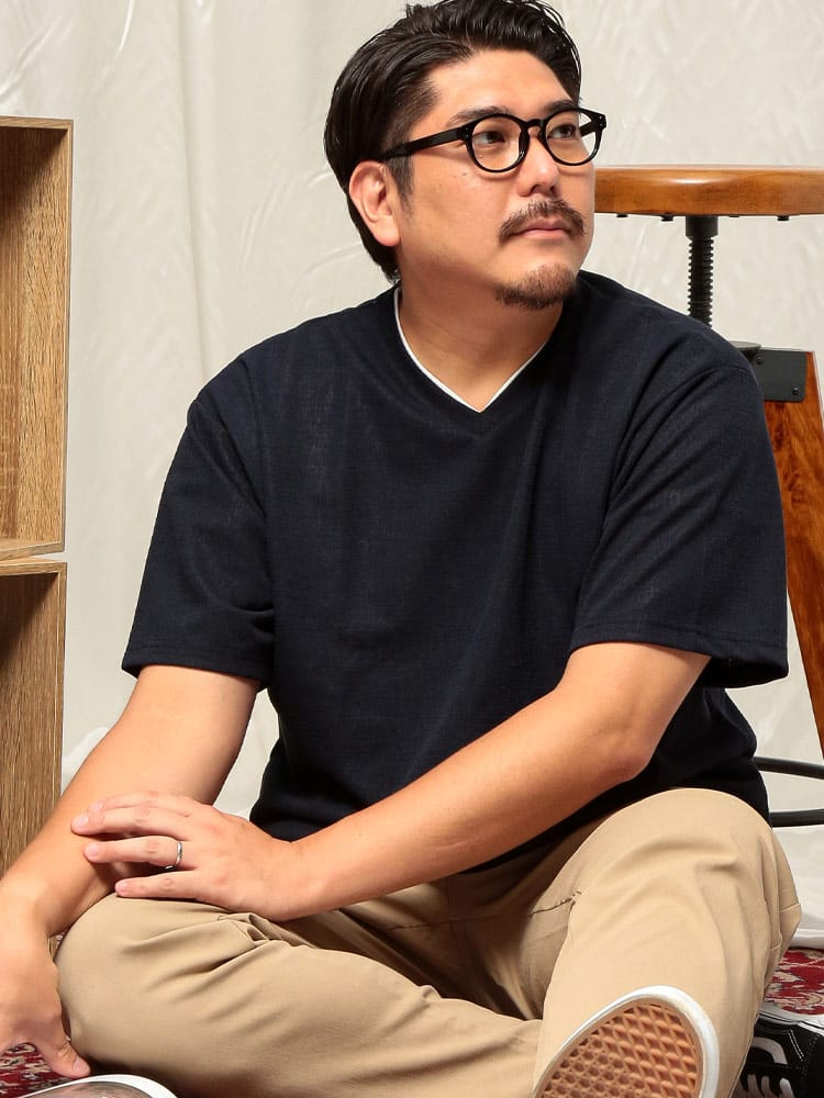 ランダムジャガード フェイクレイヤード Vネック 半袖 Tシャツ 大きいサイズ メンズ