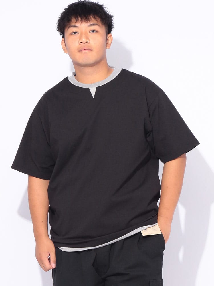 カットサッカー フェイクレイヤード キーネック 半袖 Tシャツ 大きいサイズ メンズ