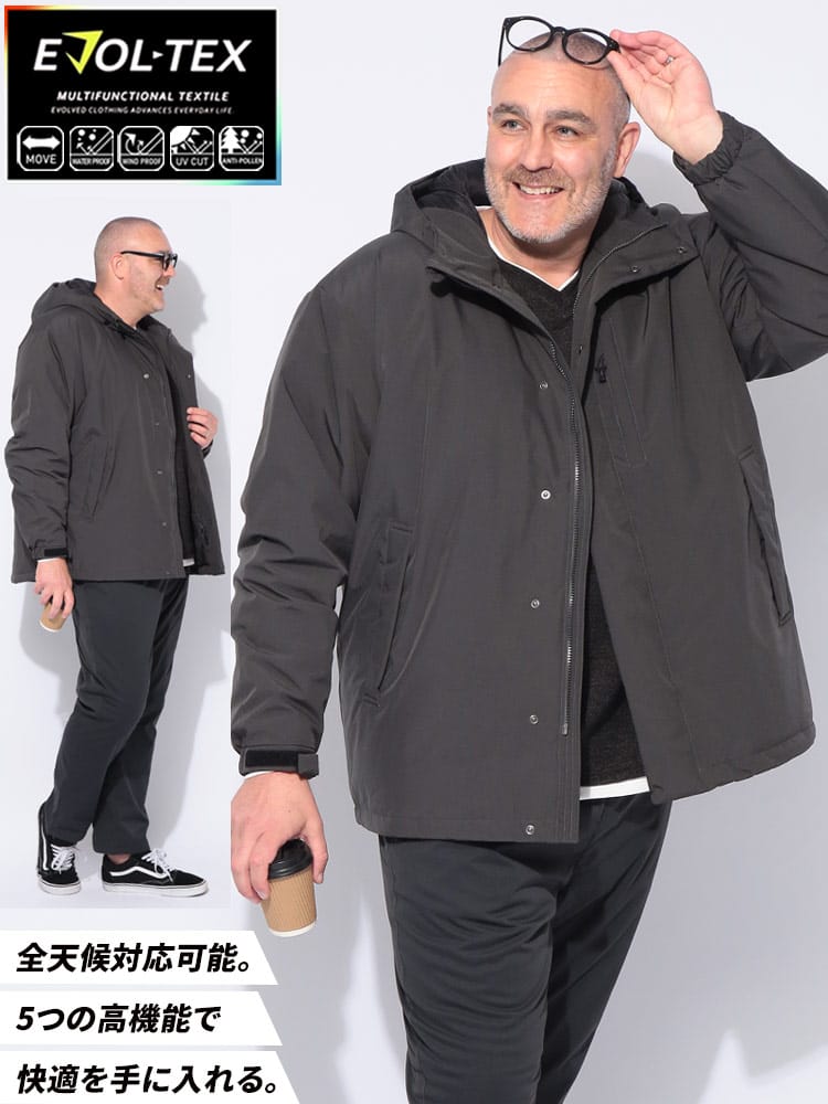 【WEB限定価格】ダウンジャケット EVOL-TEX スマート フルジップ ミドルパーカー アウター フード ジップ 秋 冬 大きいサイズ メンズ