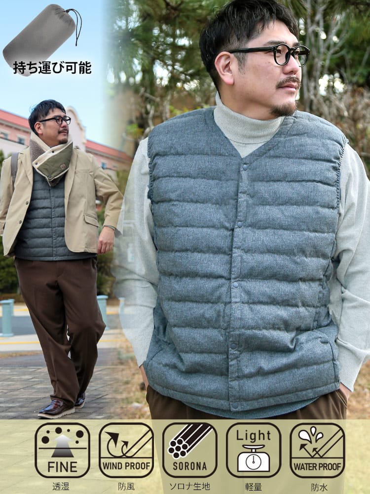 【WEB限定価格】インナーベスト ウールライク パッカブル 中綿 アウター ボタン  防寒 秋 冬 大きいサイズ メンズ