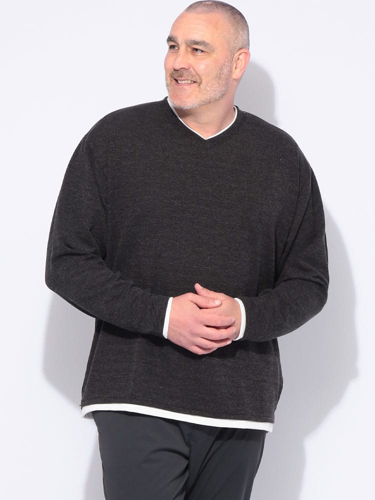 長袖 Tシャツ Vネック ニットソー 杢 フェイクレイヤード トップス 
