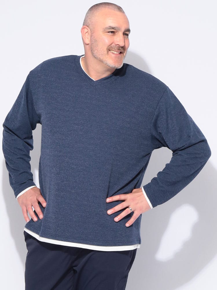 長袖 Tシャツ Vネック ニットソー 杢 フェイクレイヤード トップス 