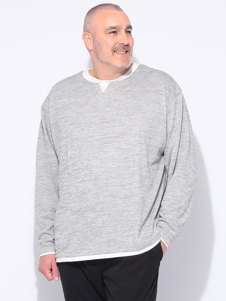  長袖 Tシャツ キーネック ニットソー かすれ杢 フェイクレイヤード トップス カットソー ロンT 秋 冬 大きいサイズ メンズ