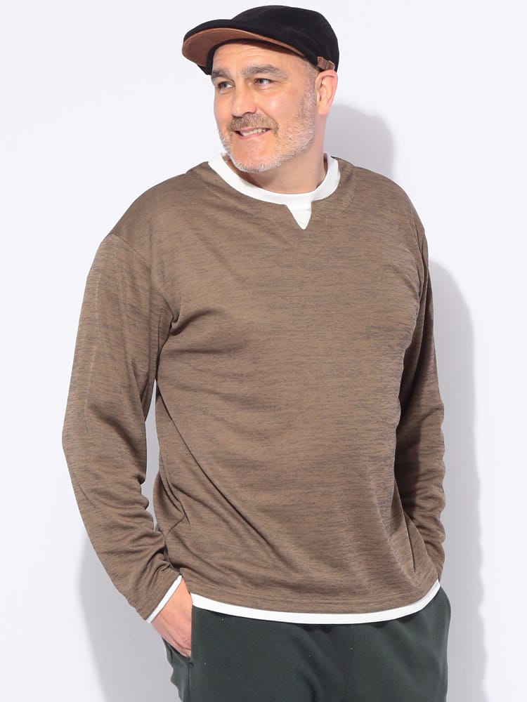  長袖 Tシャツ キーネック ニットソー かすれ杢 フェイクレイヤード トップス カットソー ロンT 秋 冬 大きいサイズ メンズ