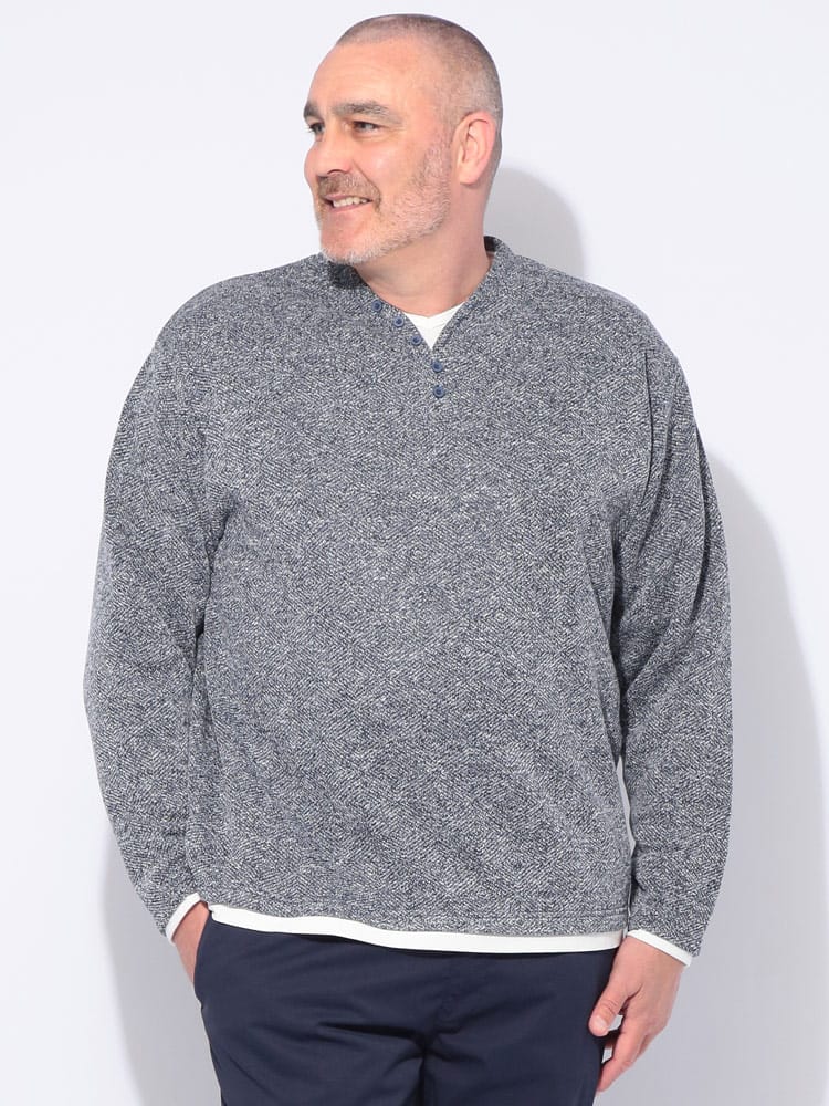 長袖 Tシャツ カットソー メランジフリース フェイクレイヤード ヘンリーネック トップス ロンT 裏起毛 秋 冬 大きいサイズ メンズ