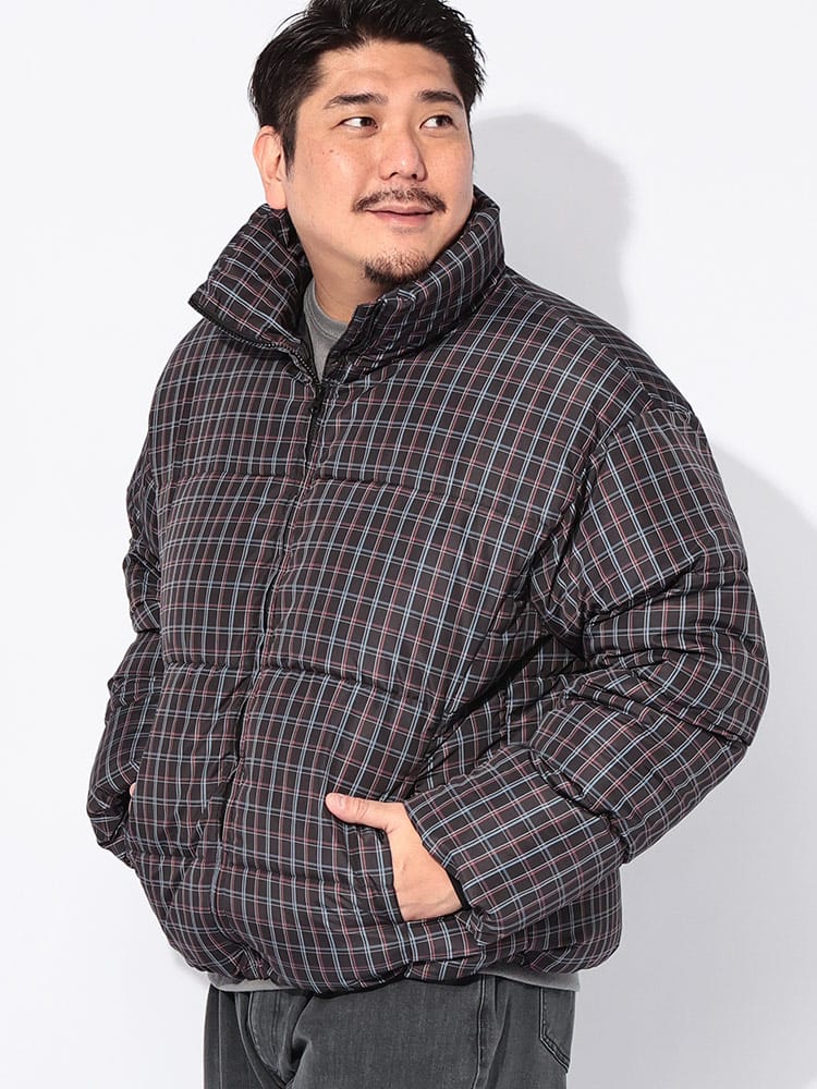【WEB先行値下げ】中綿ブルゾン プリントチェック フルジップ ボリューム アウター ジャケット スタンド 防寒 秋 冬 大きいサイズ メンズ