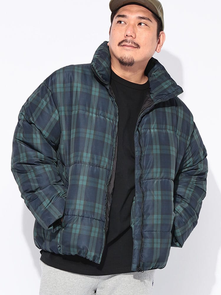 【WEB先行値下げ】中綿ブルゾン プリントチェック フルジップ ボリューム アウター ジャケット スタンド 防寒 秋 冬 大きいサイズ メンズ