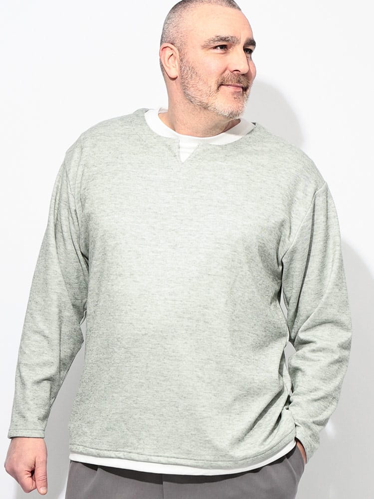 Tシャツ 長袖 メンズ 大きいサイズ メランジ フェイクレイヤード キーネック トップス カットソー ロンT 春 秋