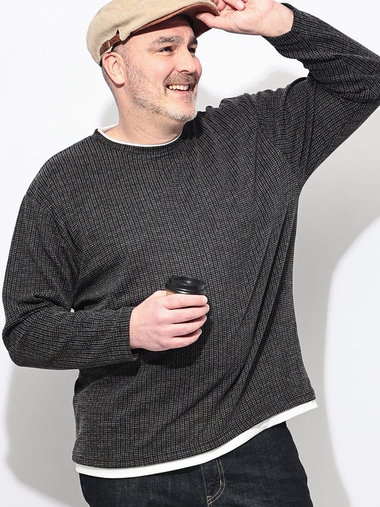 Tシャツ 長袖 メンズ 大きいサイズ ジャガードワッフル フェイクレイヤード クルーネック トップス カットソー ロンT 春 秋