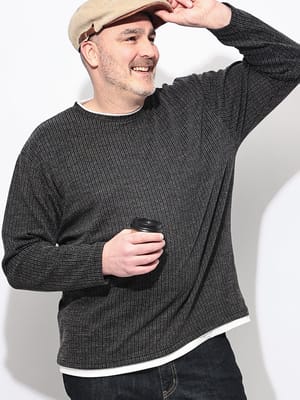 Tシャツ 長袖 メンズ 大きいサイズ ジャガードワッフル フェイクレイヤード クルーネック トップス カットソー ロンT 春 秋