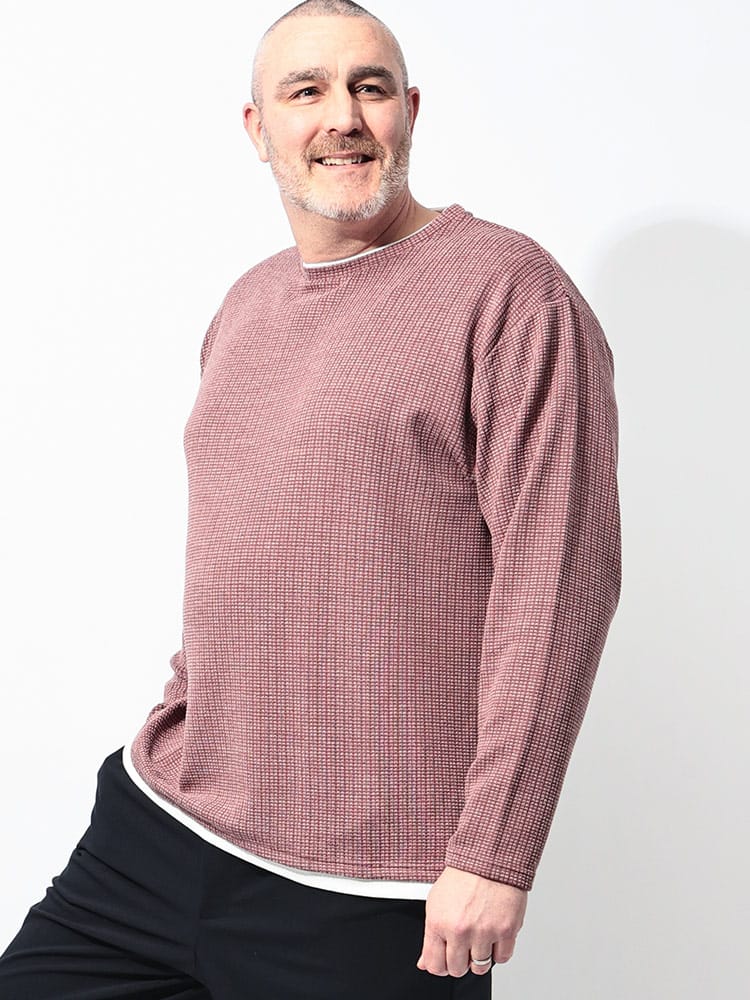 Tシャツ 長袖 メンズ 大きいサイズ ジャガードワッフル フェイクレイヤード クルーネック トップス カットソー ロンT 春 秋