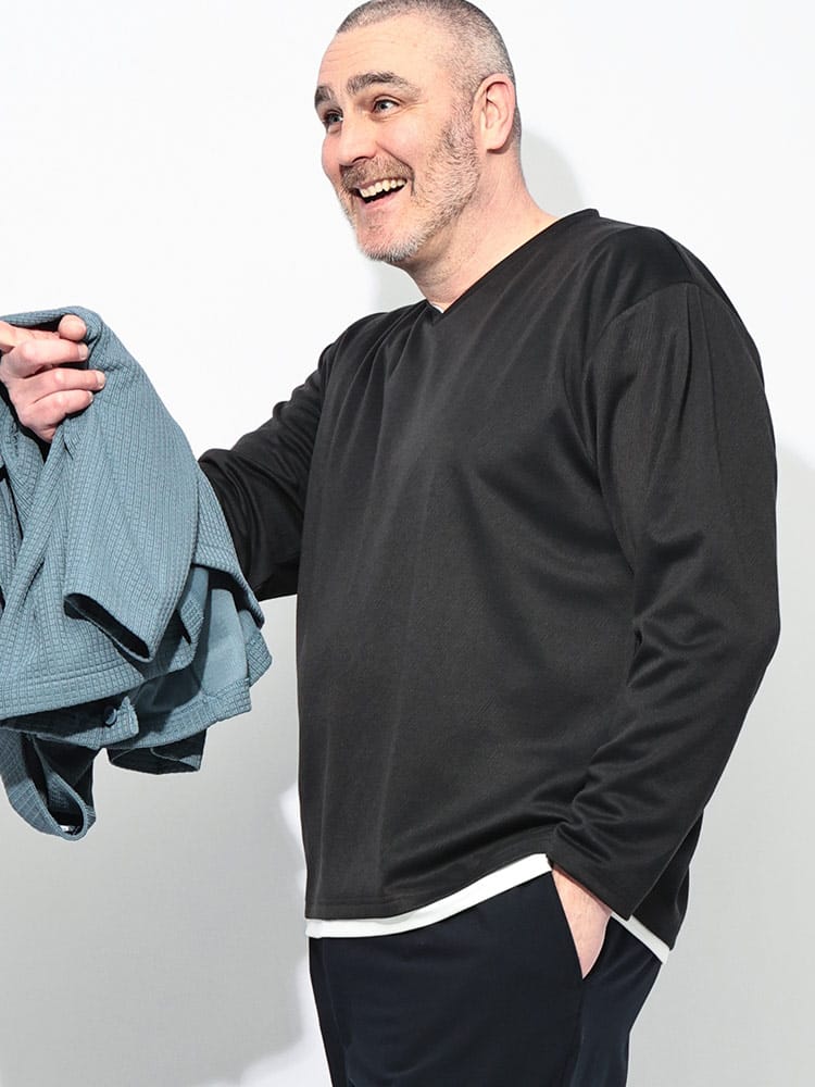 Tシャツ 長袖 メンズ 大きいサイズ ジャガードダンボール フェイクレイヤード Vネック トップス カットソー ロンT 春 秋