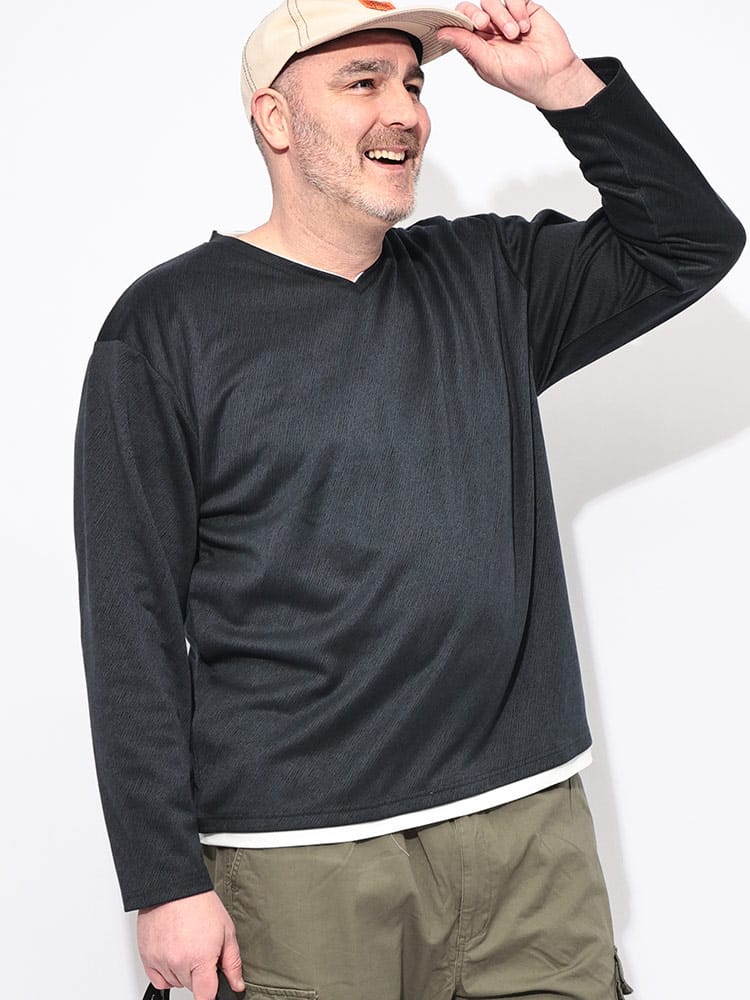 Tシャツ 長袖 メンズ 大きいサイズ ジャガードダンボール フェイクレイヤード Vネック トップス カットソー ロンT 春 秋